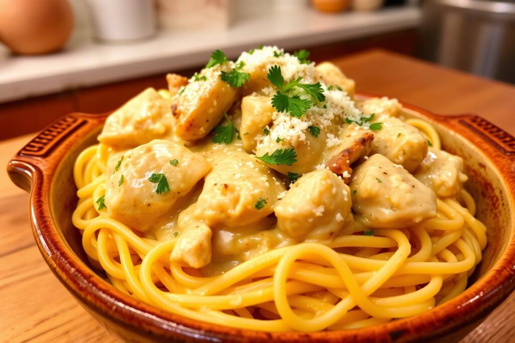 Creamy Crockpot Chicken Spaghetti Dish